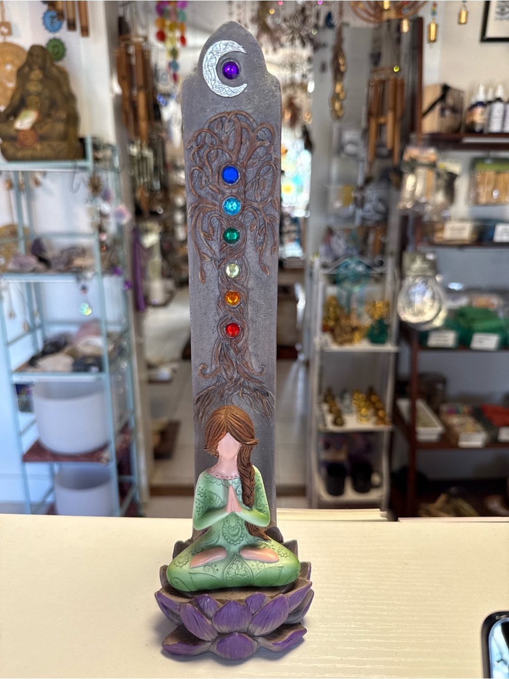 Meditative Lotus Figurine Incense Holder with Chakra Stones - Green & Purple